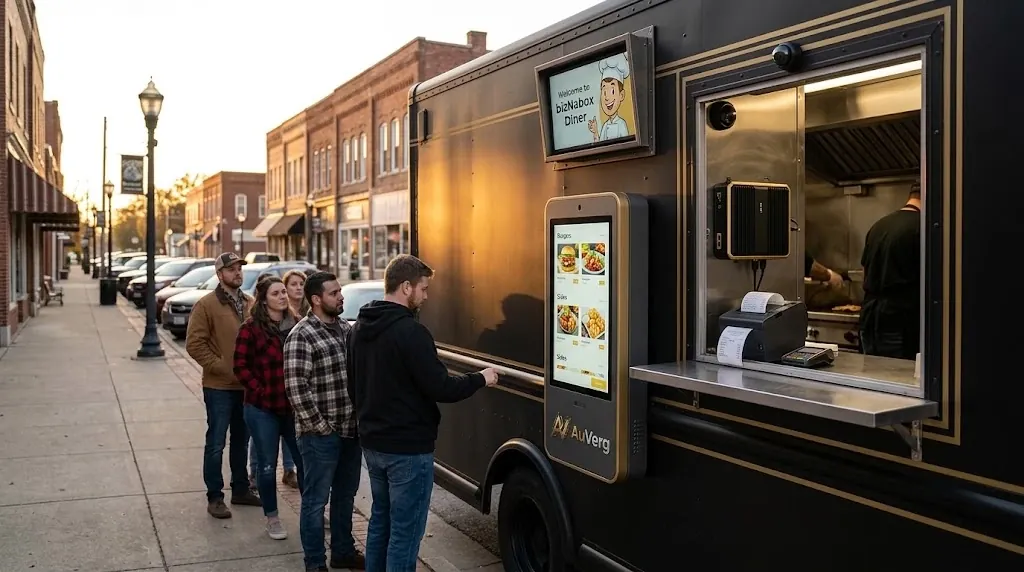 A black food truck with gold trim, a self-order kiosk beside the window, a greeting screen above, and a bizNabox and receipt printer inside