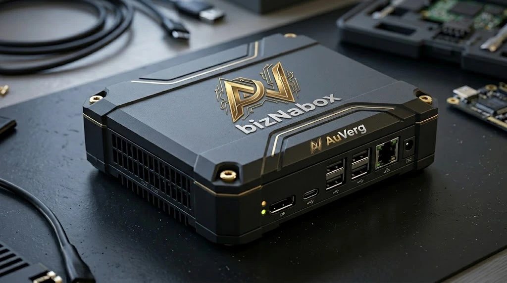 Concept design of the bizNabox, a compact black computer with gold trim, AuVerg branding and ports on the front