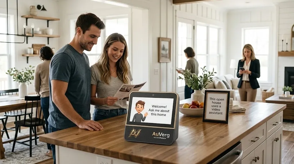 A couple at a kitchen island during an open house talking to a tabletop estateNabox showing a friendly cartoon greeter, with the agent in the background