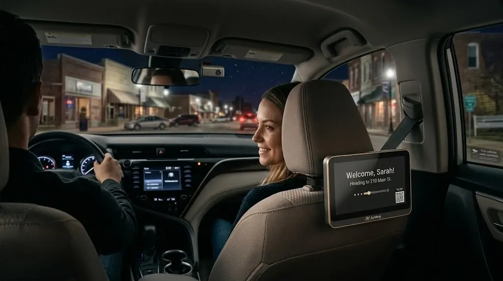 Inside a car at night: a driver, a smiling passenger, a headrest screen that says Welcome, Sarah, and a small dashcam behind the rearview mirror