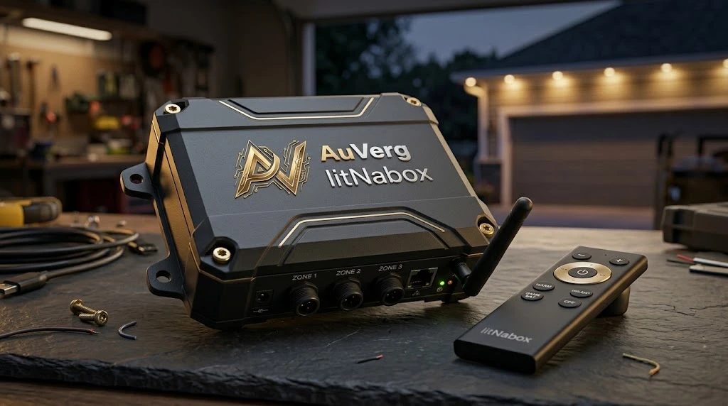 Concept design of the litNabox, a black wall-mount lighting controller with gold trim, three zone outputs and an antenna, next to its handheld remote