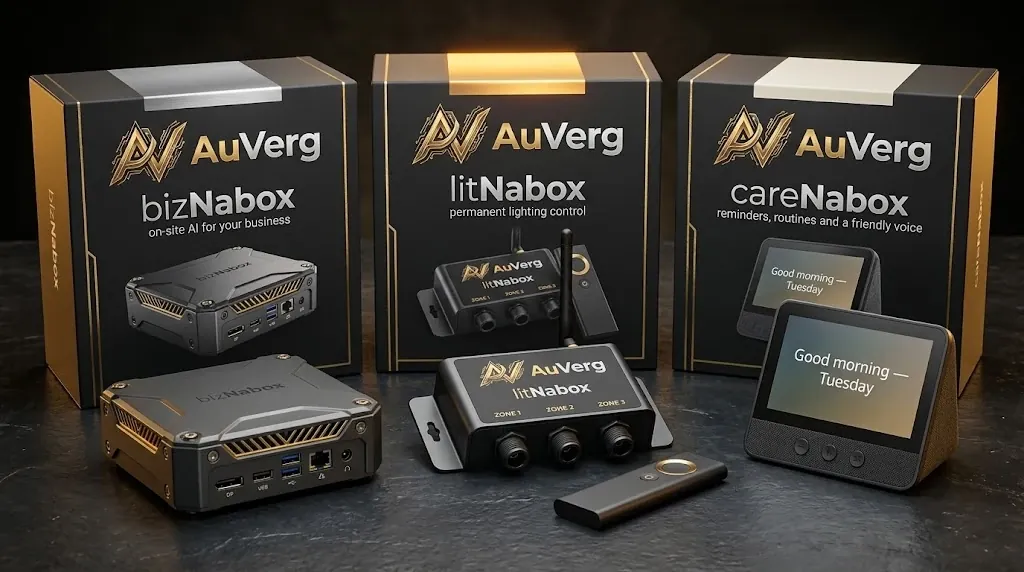 Retail boxes for bizNabox, litNabox and careNabox with each product in front of its box