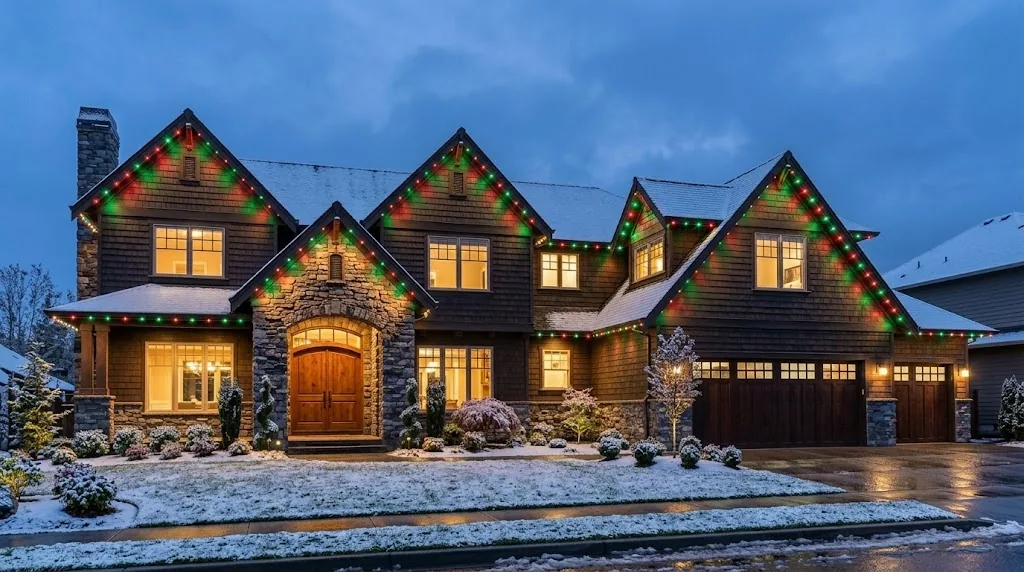 The same home in light snow with red and green permanent roofline lights (illustration)