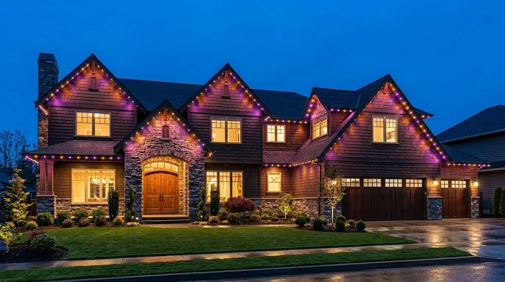 The same home with purple and orange permanent roofline lights (illustration)