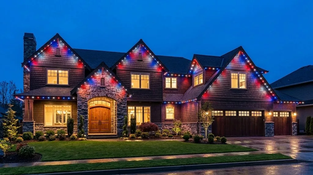 The same home with red, white and blue permanent roofline lights (illustration)