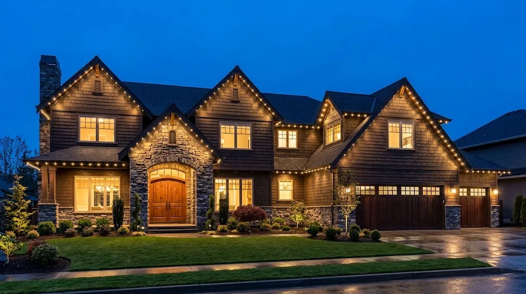 The same home with softer, dimmed white roofline lights (illustration)