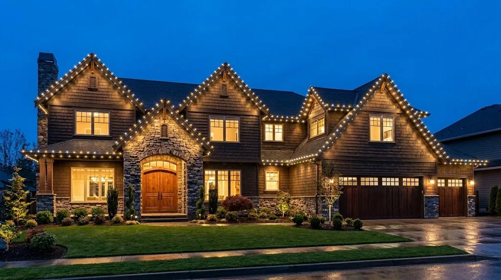 Craftsman home at dusk with permanent warm white lights along every roofline (illustration)